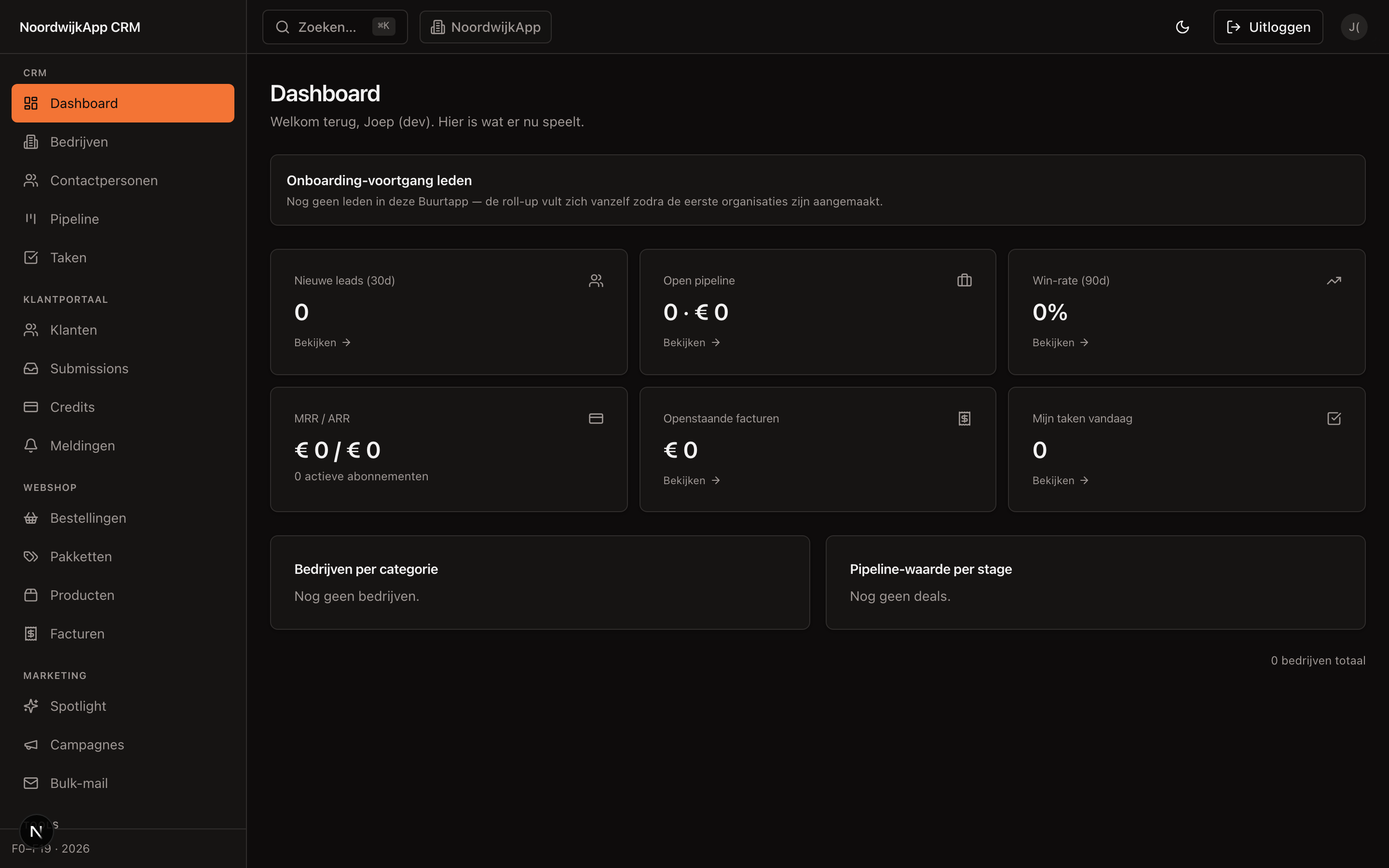 Het dashboard: pijplijn, taken, facturen en onboarding in één overzicht.